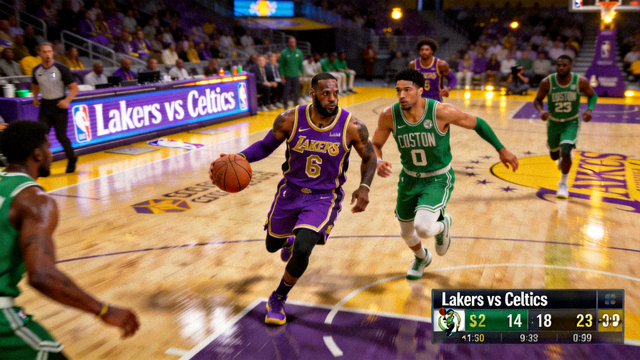 NBA湖人队对阵凯尔特人篮球比赛直播画面，球场木地板视角